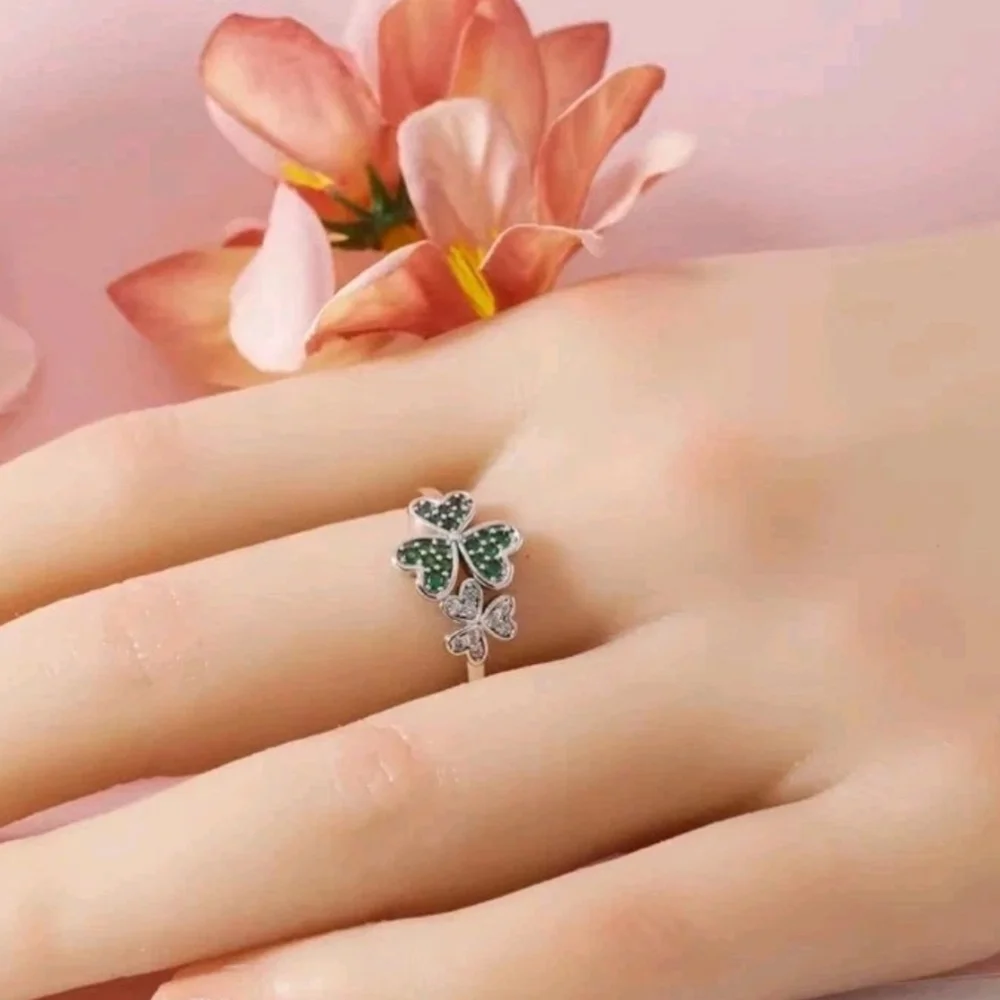 St Patrick Shamrock Irish Green CZ Flower Lucky Clover Ring 925 Sterling Silver